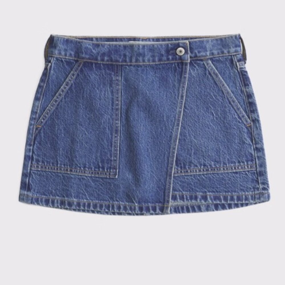 Nwot Abercrombie & Fitch Mid Rise Denim Wrap Mini Skirt 27 4 Medium Blue Denim